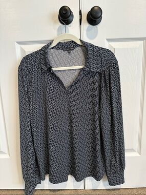 Adrianna Papell Navy and White Geometric Button-Down Blouse